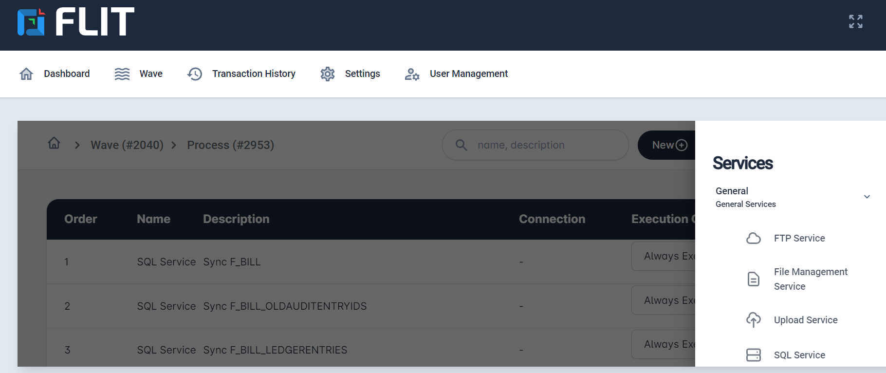 Flow services screen
